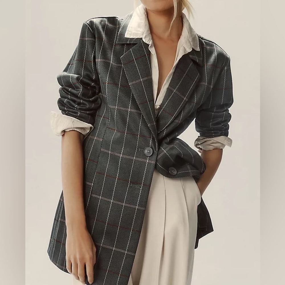Anthropologie Plaid Blazer in Gray and White
